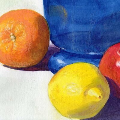 Blue Vase with Fruit - Watercolor by Debra Kay Carter